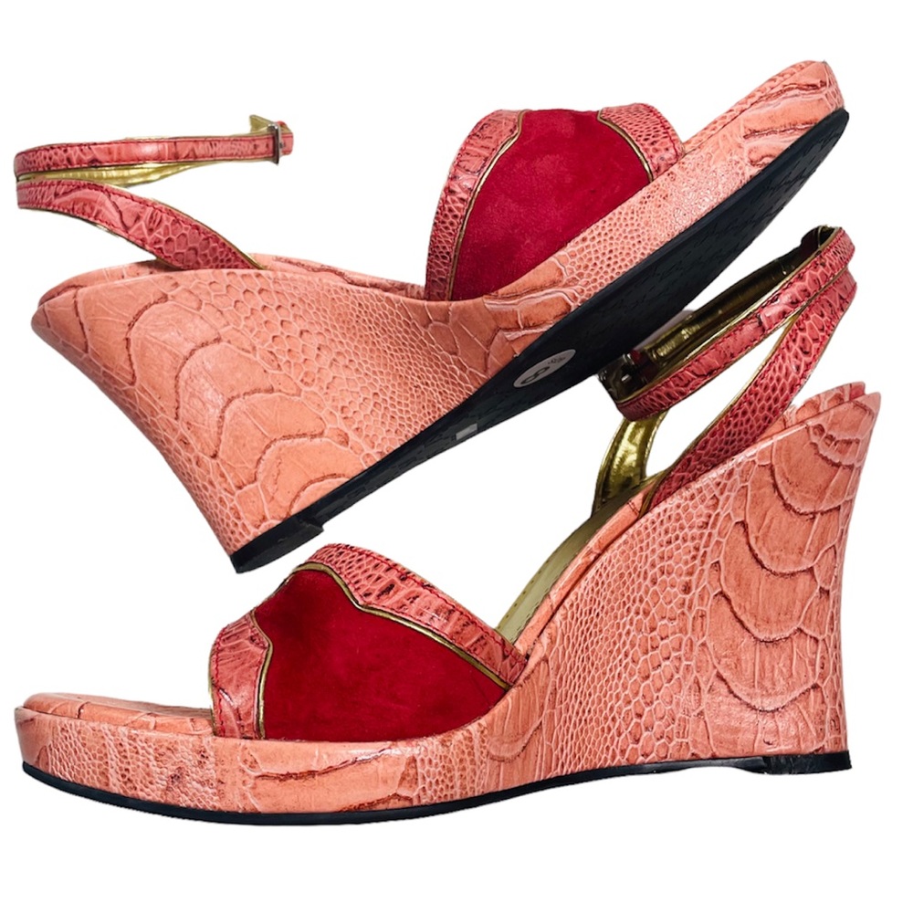 Franco Sarto Red and Pink Faux Snakeskin Ankle Wrap Wedges 8